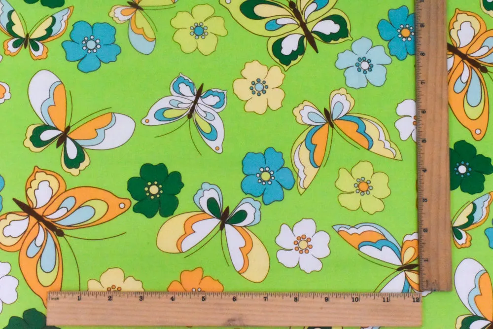 Green-Multi Floral Butterfly Print Stretch Cotton Poplin Fabric