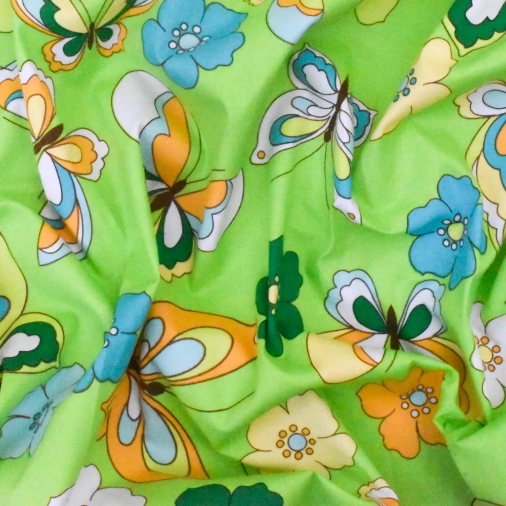 Green-Multi Floral Butterfly Print Stretch Cotton Poplin Fabric
