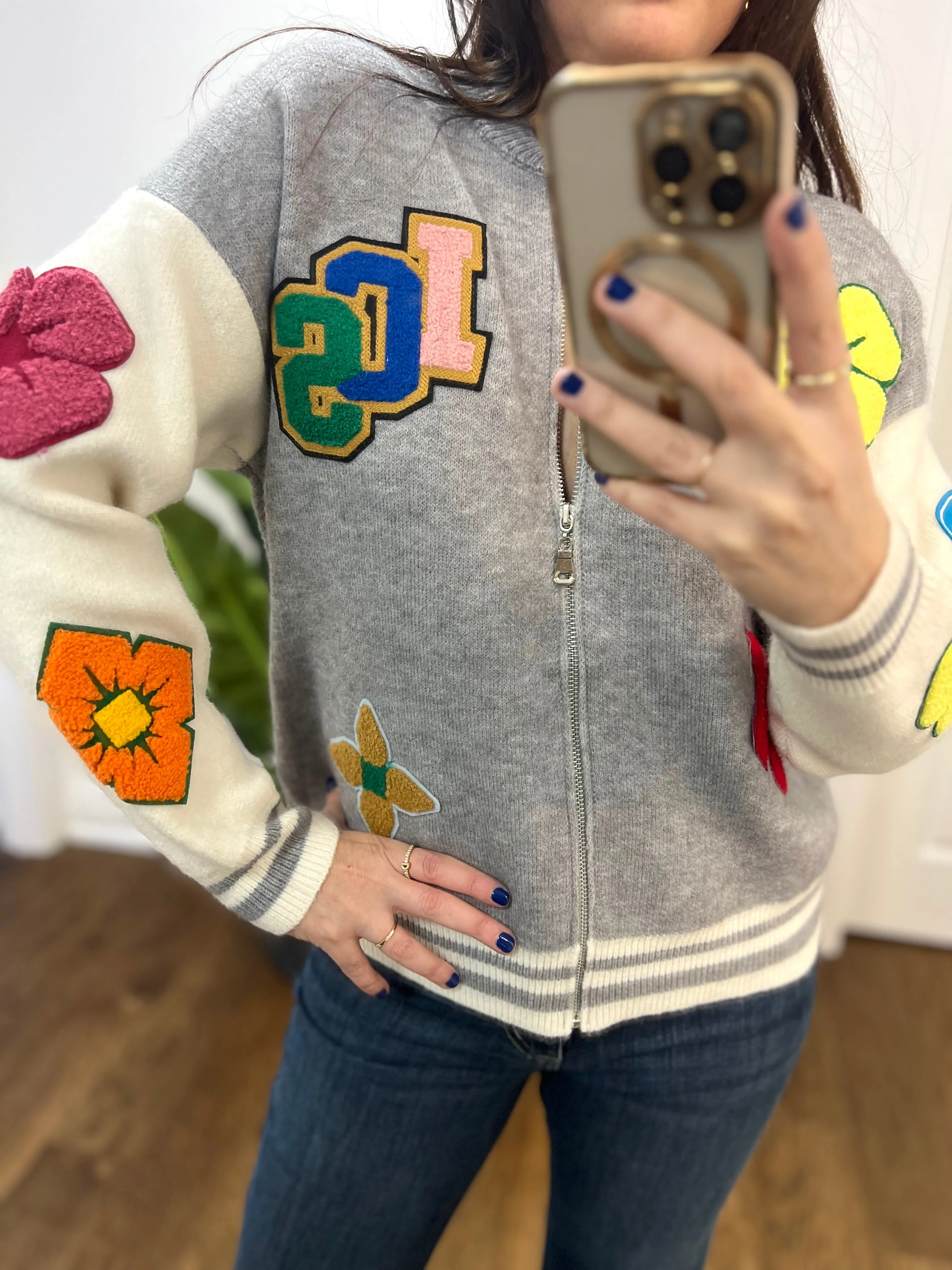 GREY VARSITY PATCHED ZIP CARDI