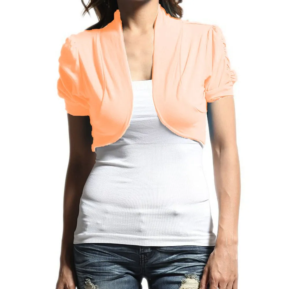 Hollywood Star Fashion Women's Ruched Short Sleeves Cropped Open Shrug Jacket