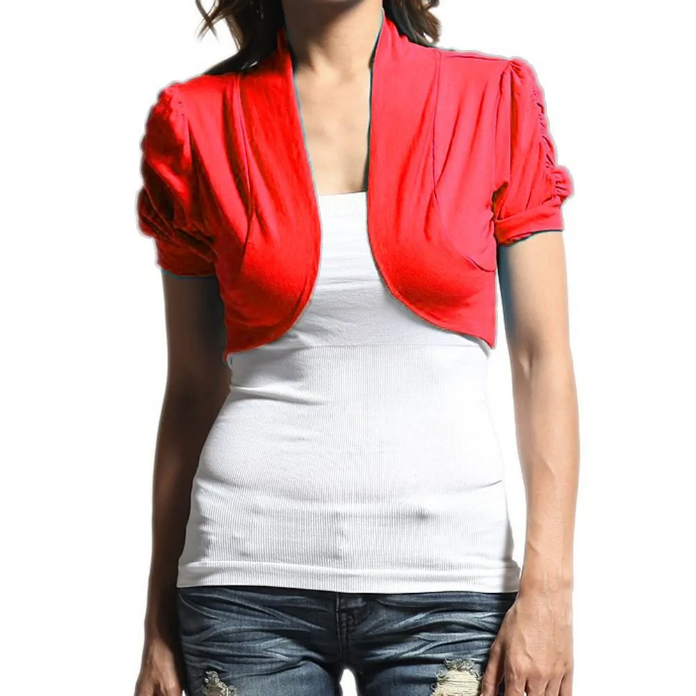 Hollywood Star Fashion Women's Ruched Short Sleeves Cropped Open Shrug Jacket