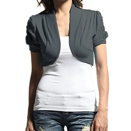 Hollywood Star Fashion Women's Ruched Short Sleeves Cropped Open Shrug Jacket