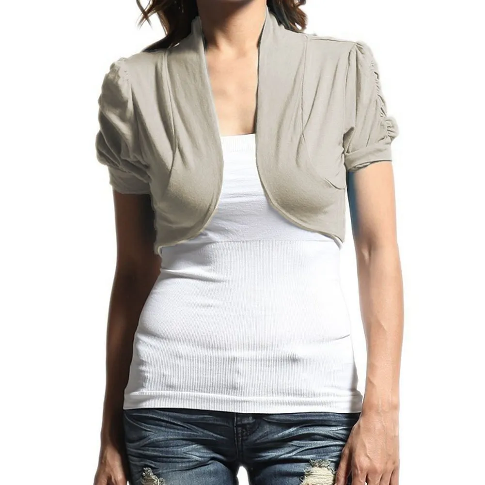 Hollywood Star Fashion Women's Ruched Short Sleeves Cropped Open Shrug Jacket
