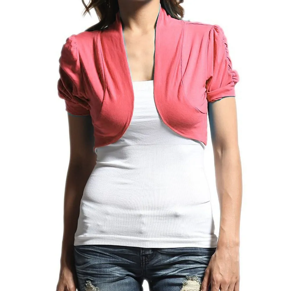 Hollywood Star Fashion Women's Ruched Short Sleeves Cropped Open Shrug Jacket