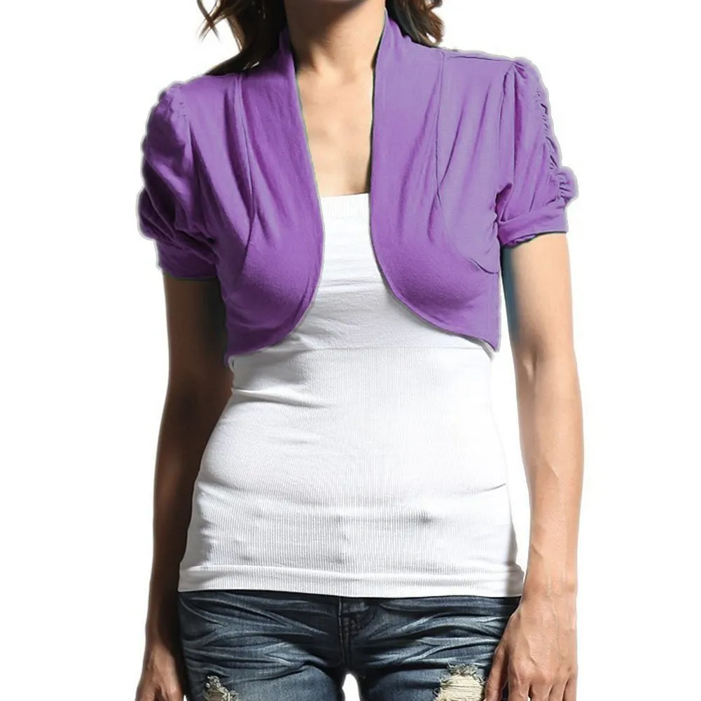 Hollywood Star Fashion Women's Ruched Short Sleeves Cropped Open Shrug Jacket