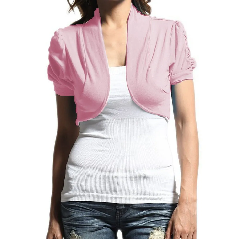 Hollywood Star Fashion Women's Ruched Short Sleeves Cropped Open Shrug Jacket