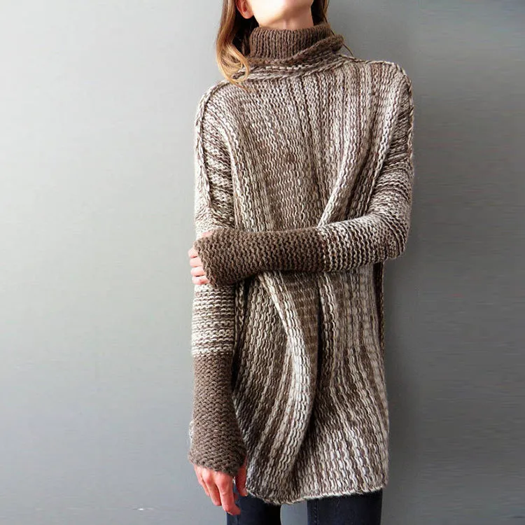 Irregular High Neck Patchwork Loose Women Oversized Pullover Sweater