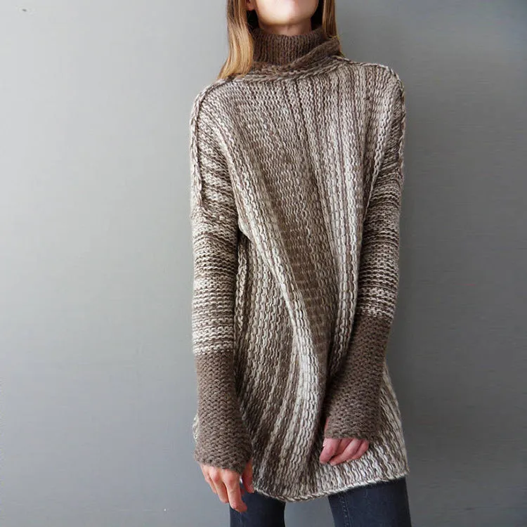 Irregular High Neck Patchwork Loose Women Oversized Pullover Sweater