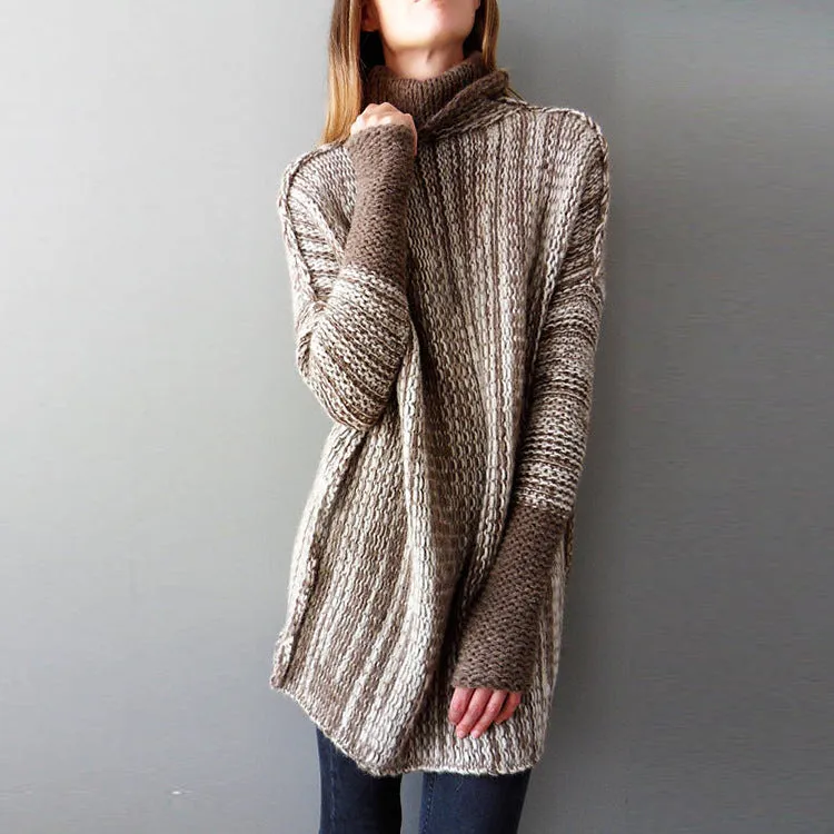 Irregular High Neck Patchwork Loose Women Oversized Pullover Sweater
