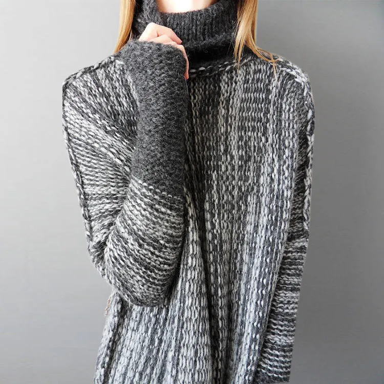 Irregular High Neck Patchwork Loose Women Oversized Pullover Sweater