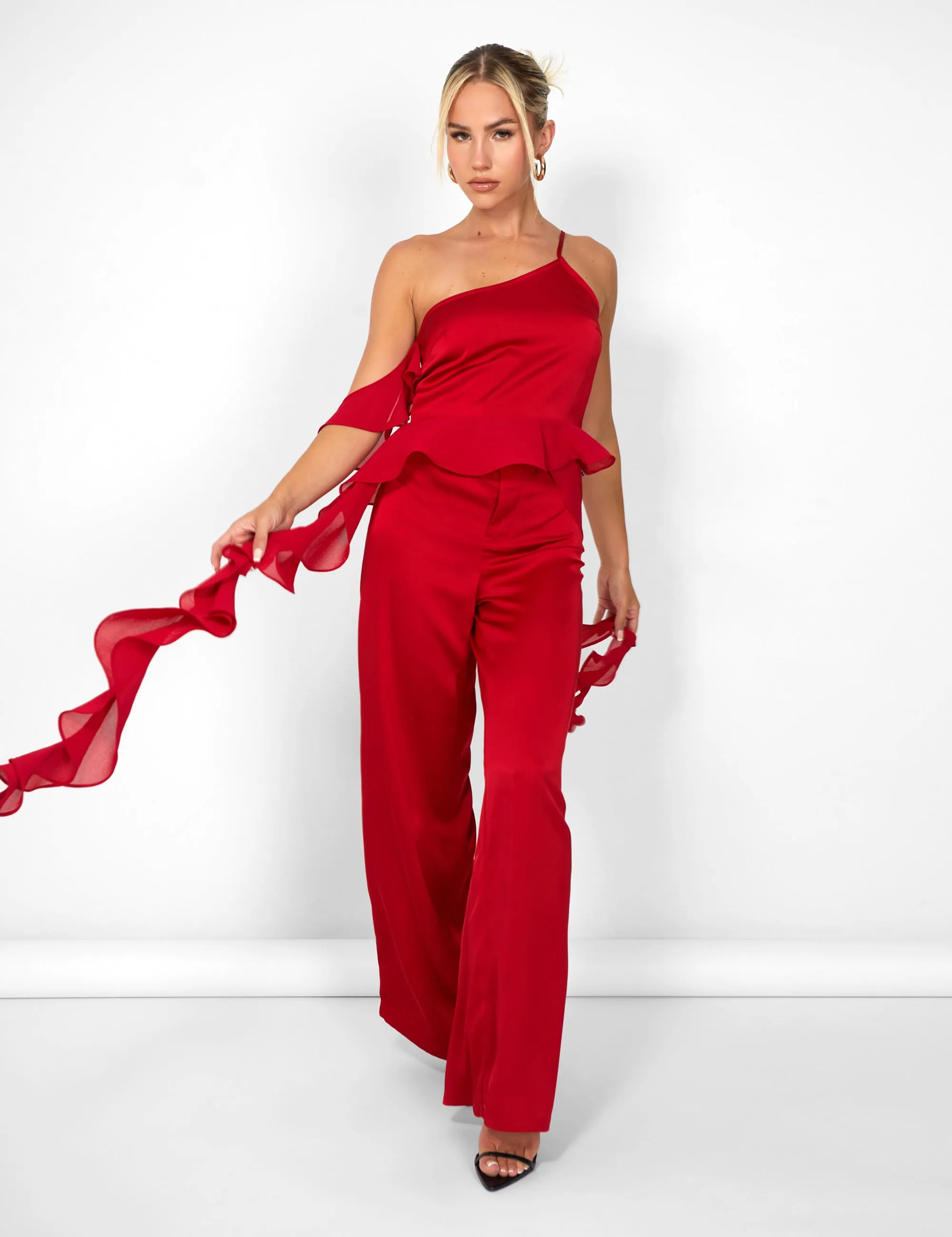 Kaiia Chiffon Ruffle Wide Leg Trouser in Red
