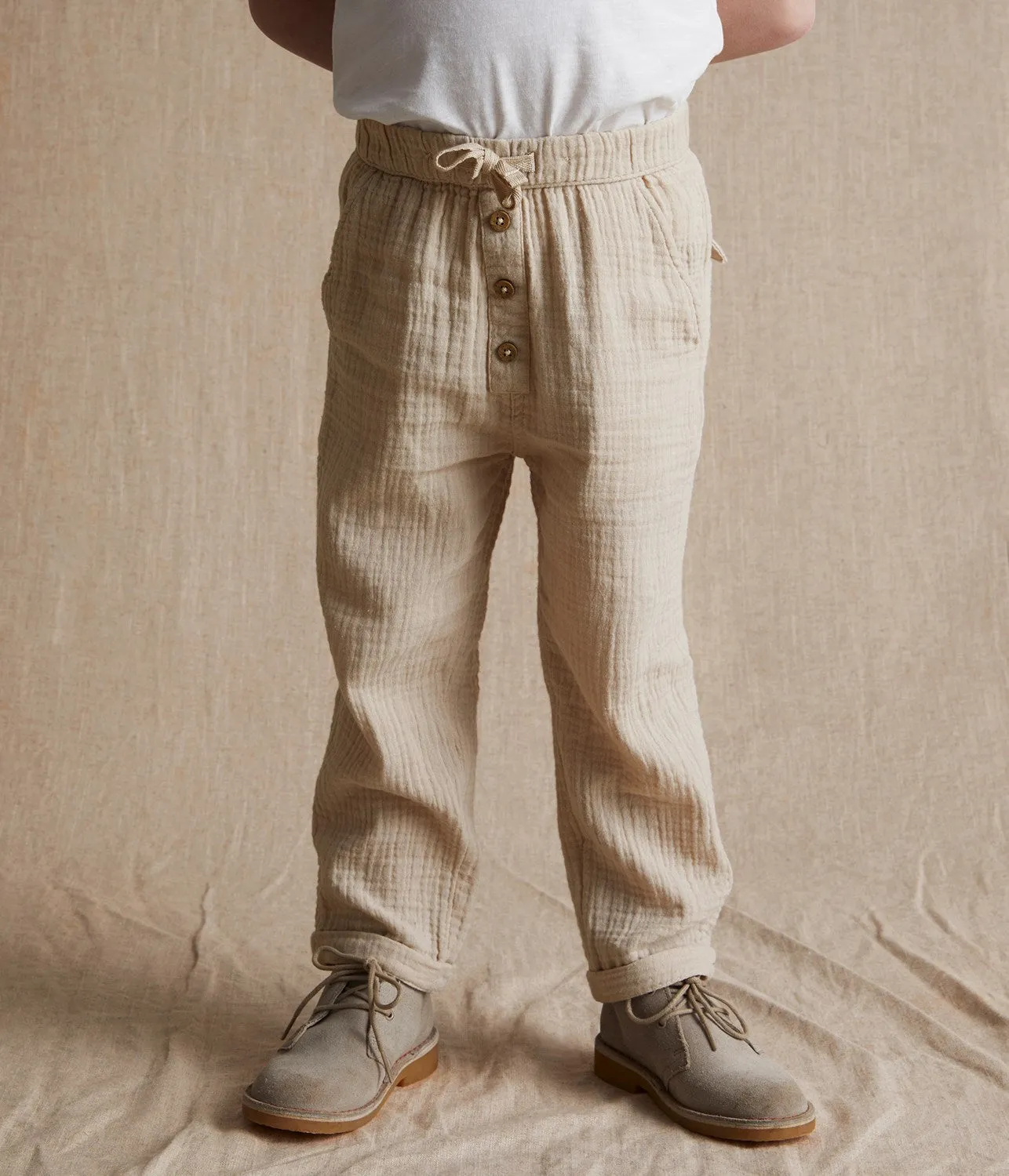 Kids beige woven muslin trousers