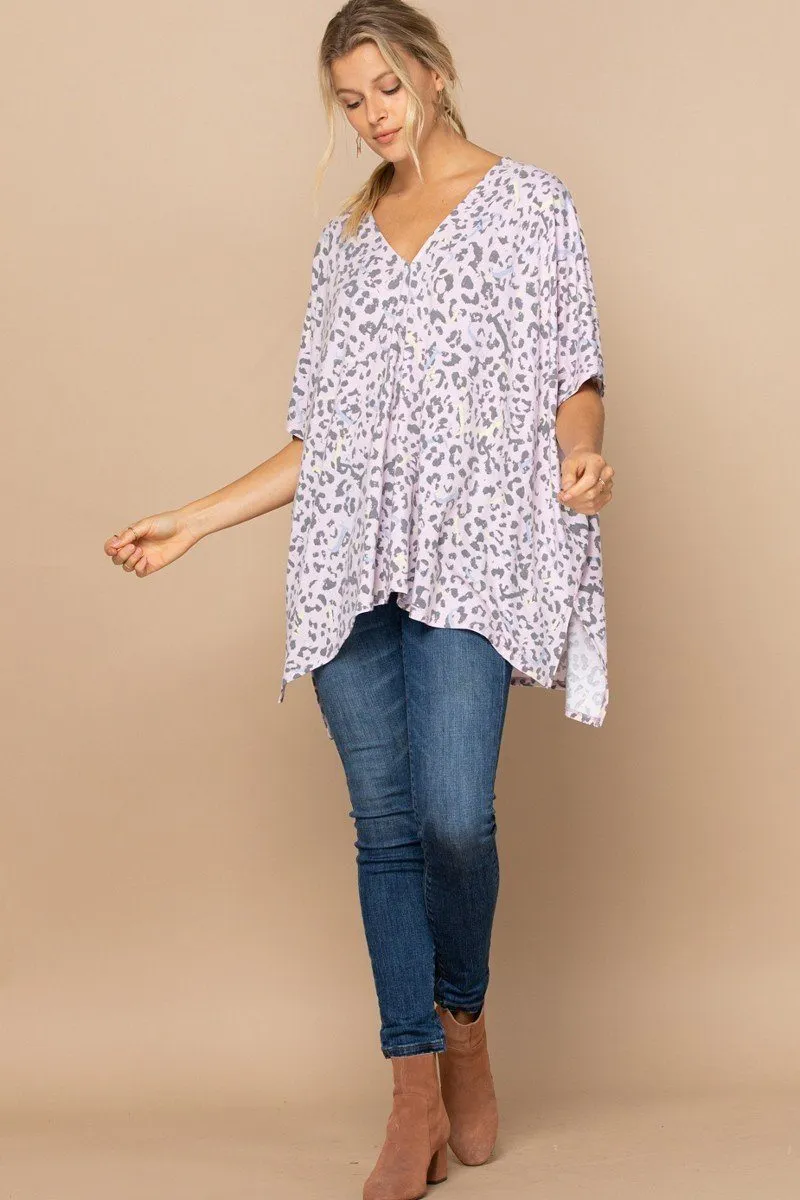 Leopard And Letter Printed Knit Top in Pink Smoke