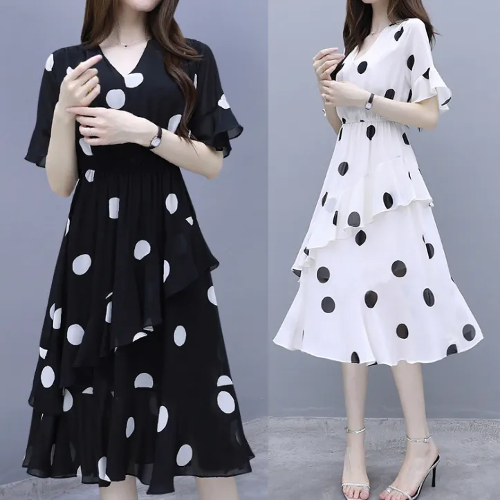 MariaKinz Pair of Black and White Polka Dots Slim Fit  Chiffon Dress