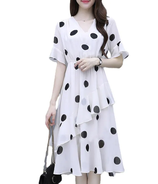 MariaKinz Pair of Black and White Polka Dots Slim Fit  Chiffon Dress