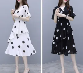 MariaKinz Pair of Black and White Polka Dots Slim Fit  Chiffon Dress