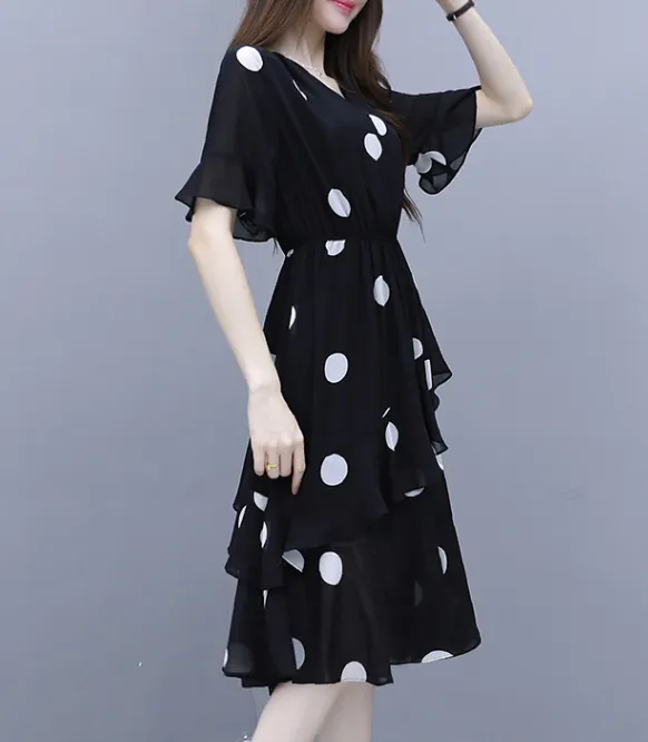 MariaKinz Pair of Black and White Polka Dots Slim Fit  Chiffon Dress