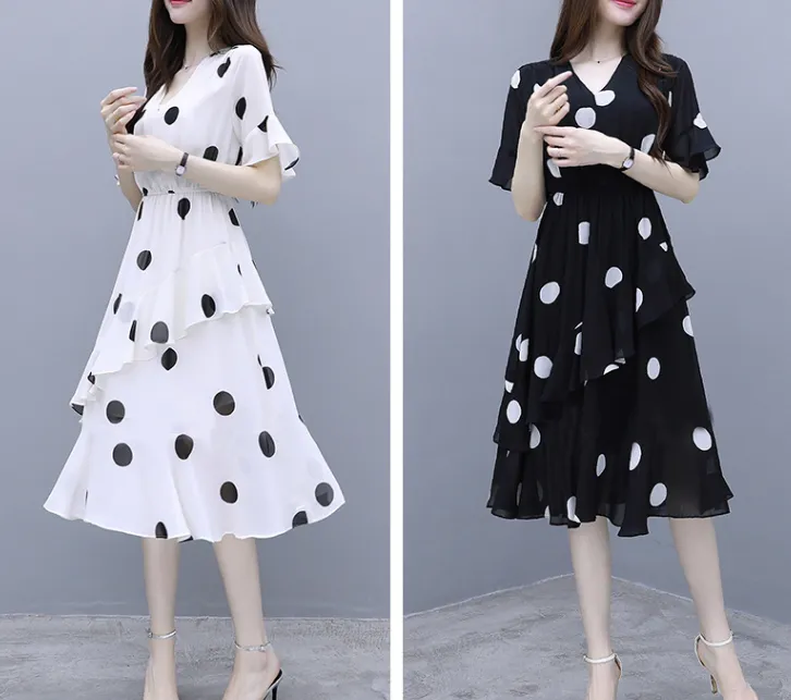 MariaKinz Pair of Black and White Polka Dots Slim Fit  Chiffon Dress