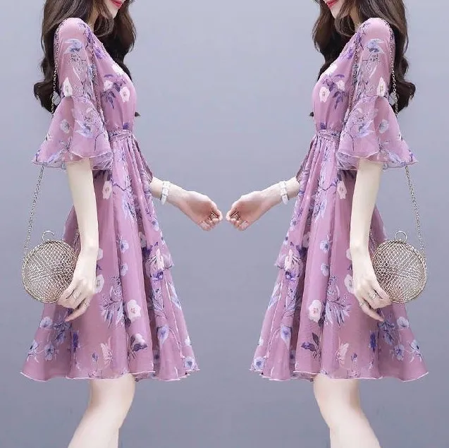MariaKinz Pair of Two Color Women Slim Fit  Half Sleeve Knee Length Chiffon Dress