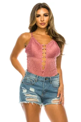 Mauve Pink Floral Pattern Lace Bodysuit with Strap Detail