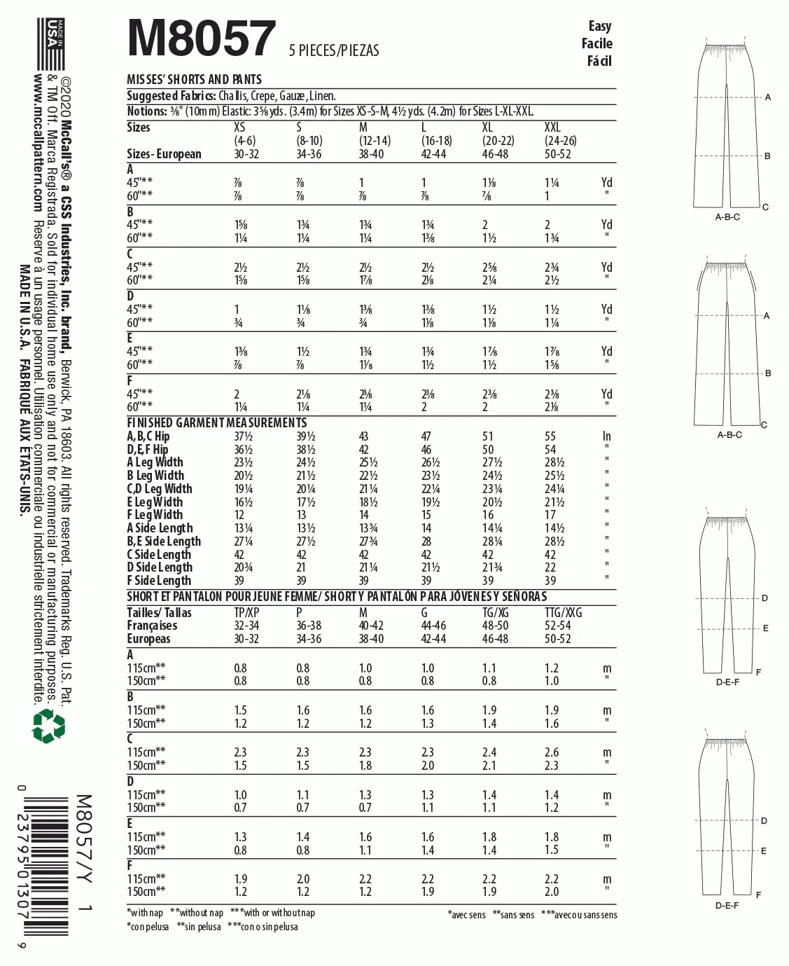 McCall's Pattern M8057 Misses' Elastic-Waist Shorts and Pants