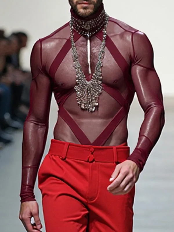Mens Sheer Patchwork Strap Long-Sleeve Bodysuit SKUK85599