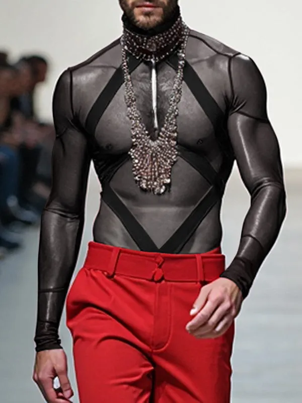Mens Sheer Patchwork Strap Long-Sleeve Bodysuit SKUK85599