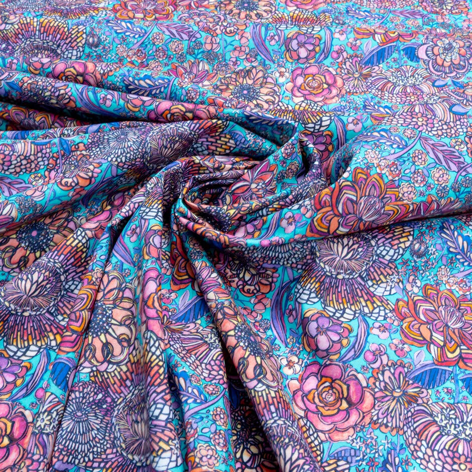 Modern Abstract Floral Printed Turquoise Luxury Cotton