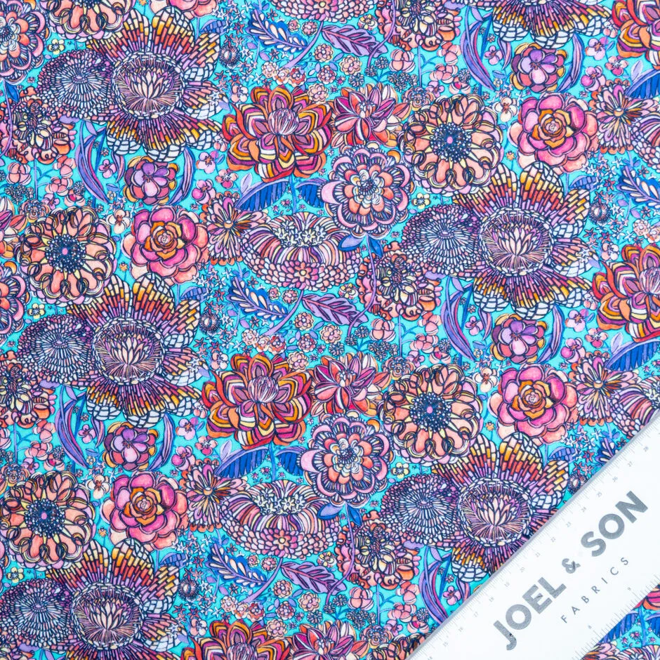 Modern Abstract Floral Printed Turquoise Luxury Cotton