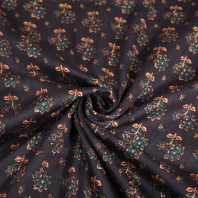 Navy Blue Floral Bagru Print Cotton Satin Fabric SCF-24194