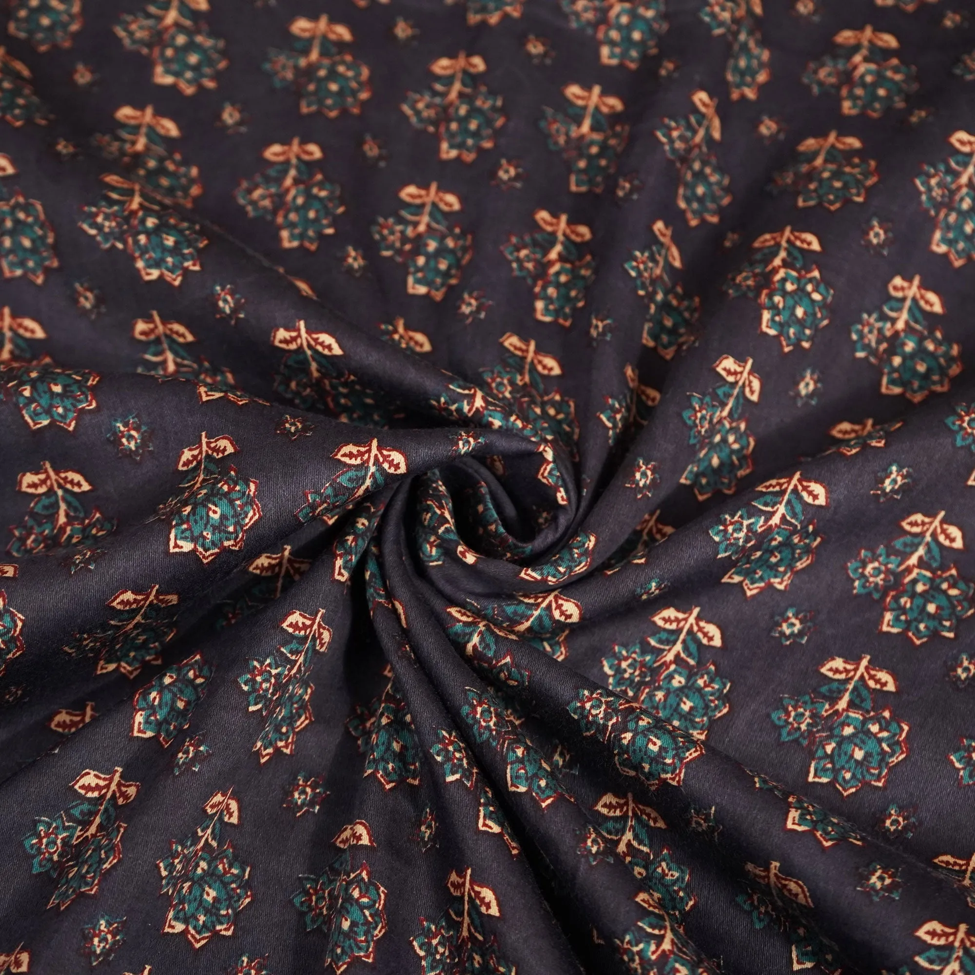 Navy Blue Floral Bagru Print Cotton Satin Fabric SCF-24194