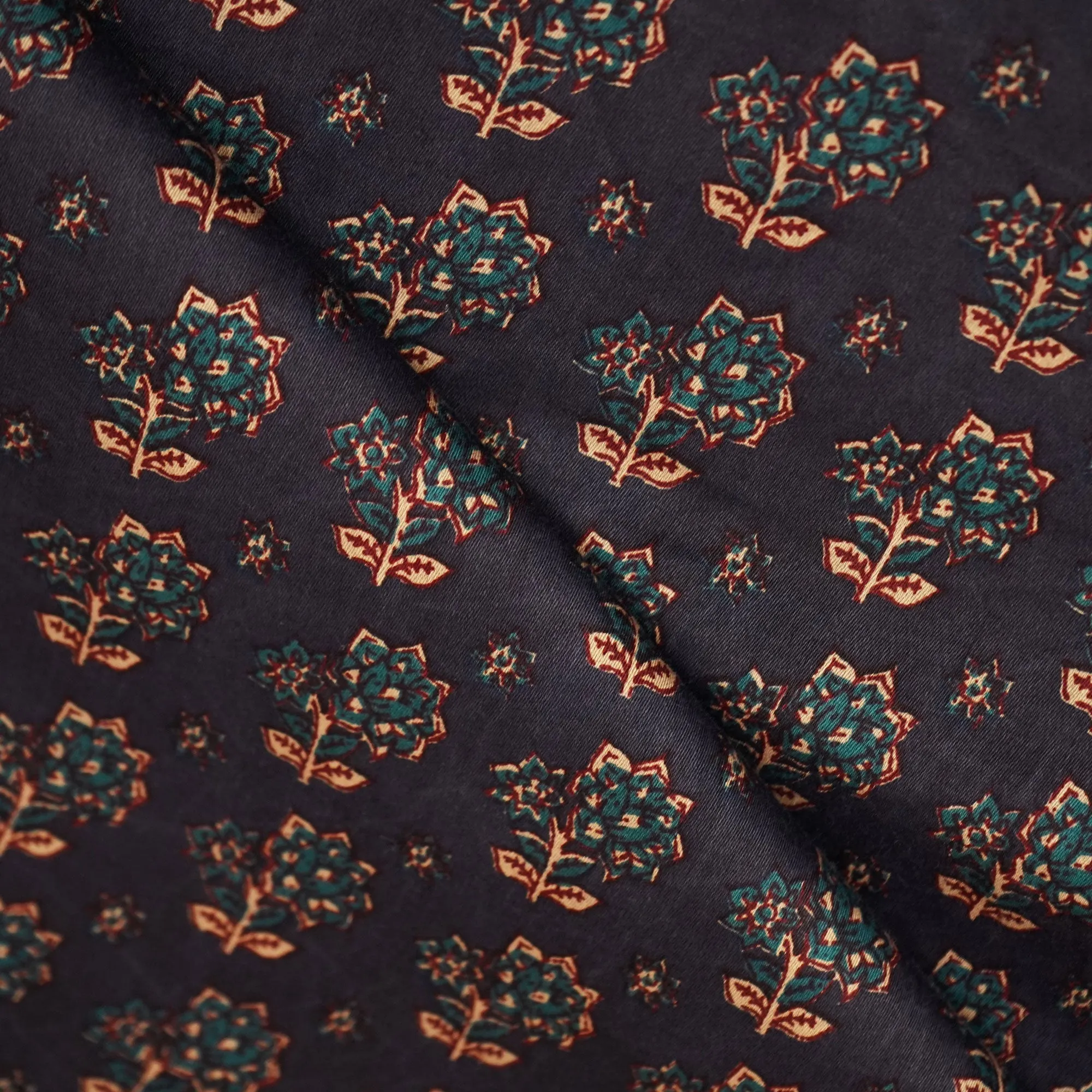 Navy Blue Floral Bagru Print Cotton Satin Fabric SCF-24194