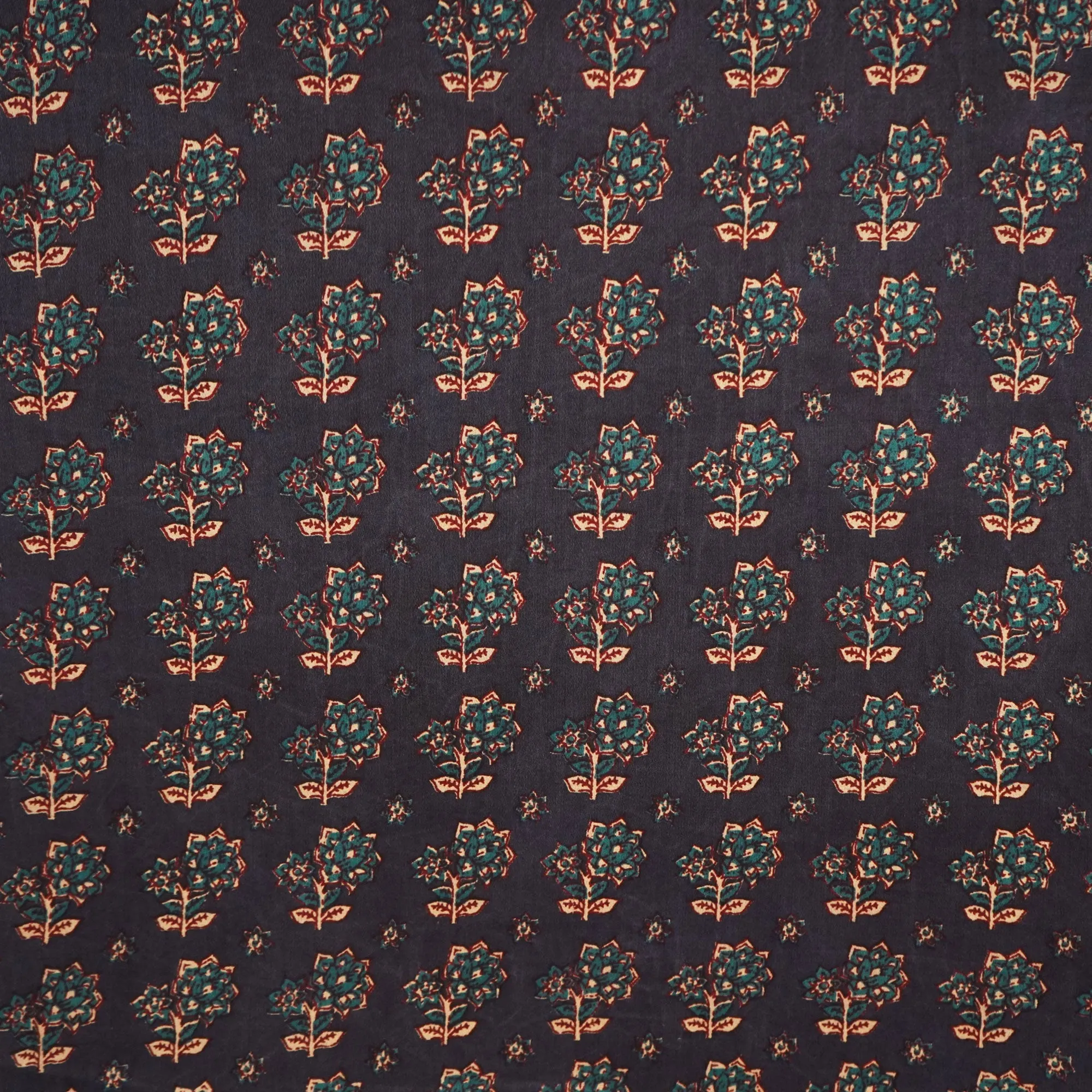 Navy Blue Floral Bagru Print Cotton Satin Fabric SCF-24194