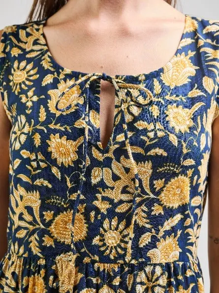 Navy Botanical Thais Tiered Midi Dress by Mata Traders