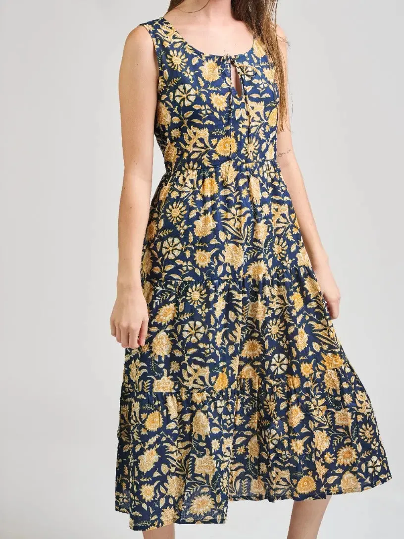 Navy Botanical Thais Tiered Midi Dress by Mata Traders