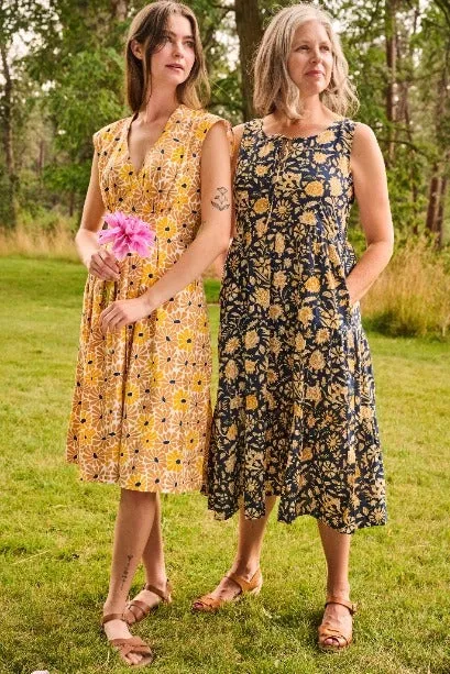 Navy Botanical Thais Tiered Midi Dress by Mata Traders