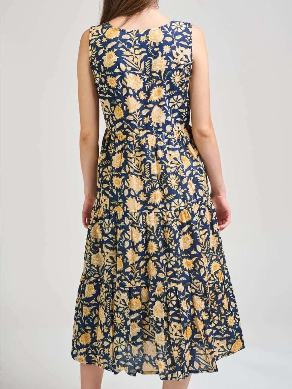 Navy Botanical Thais Tiered Midi Dress by Mata Traders