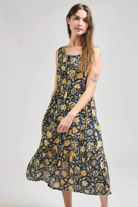 Navy Botanical Thais Tiered Midi Dress by Mata Traders