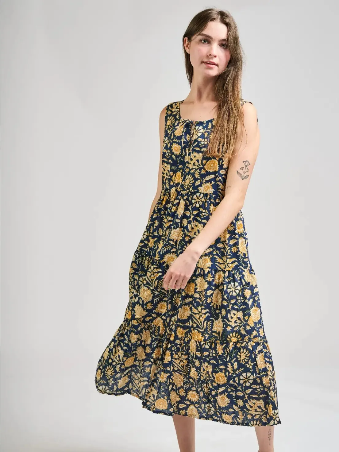 Navy Botanical Thais Tiered Midi Dress by Mata Traders