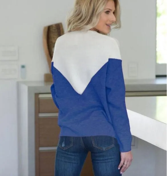 Patchwork Long-sleeved T-shirt sweater with V-collar in autumn and winter
