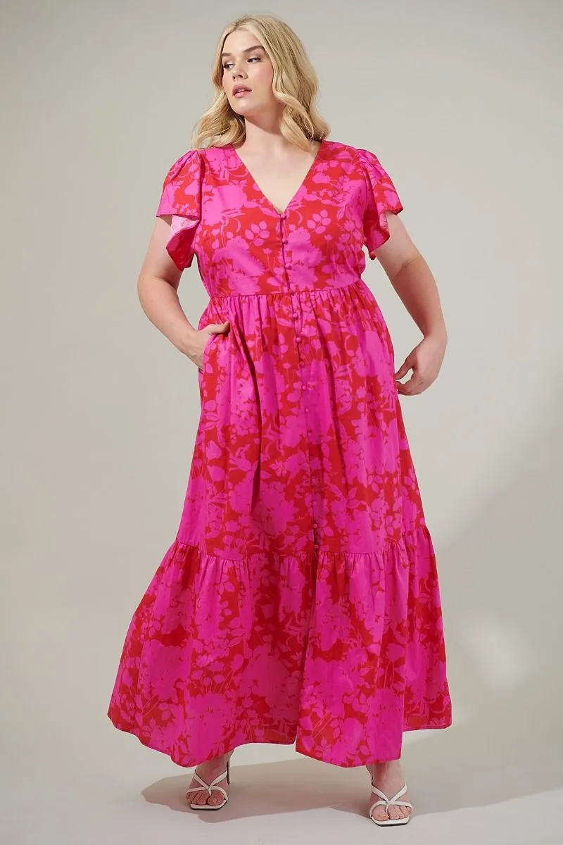 Pink & Red Floral Button Up Cotton Floral Maxi
