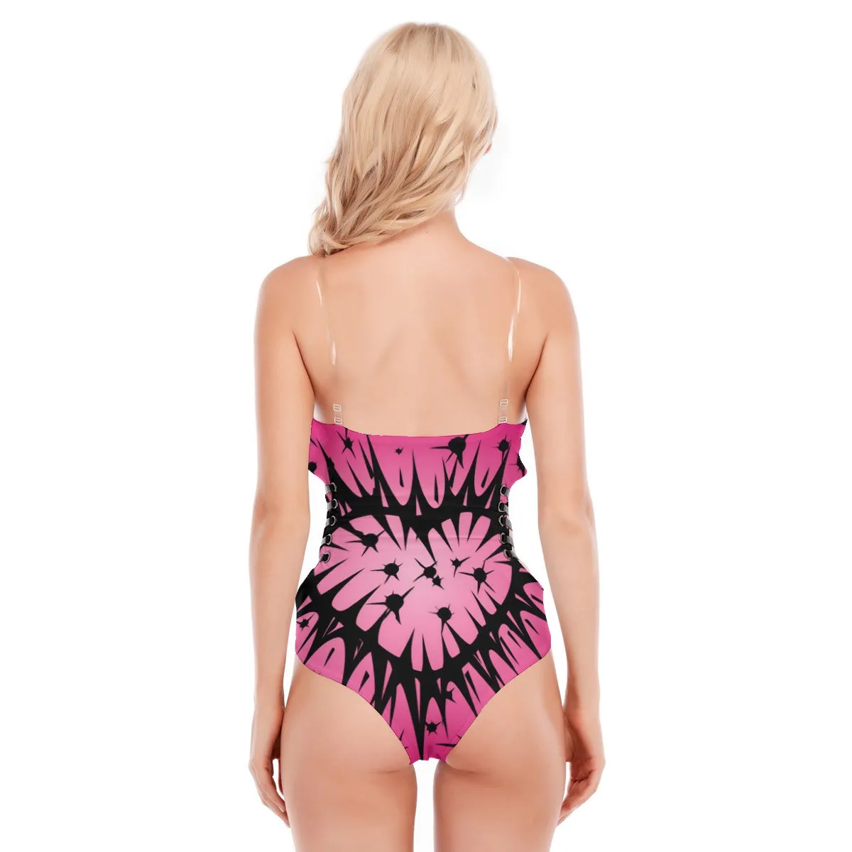 Pink And Black Tube Top Bodysuit With Side Black Straps