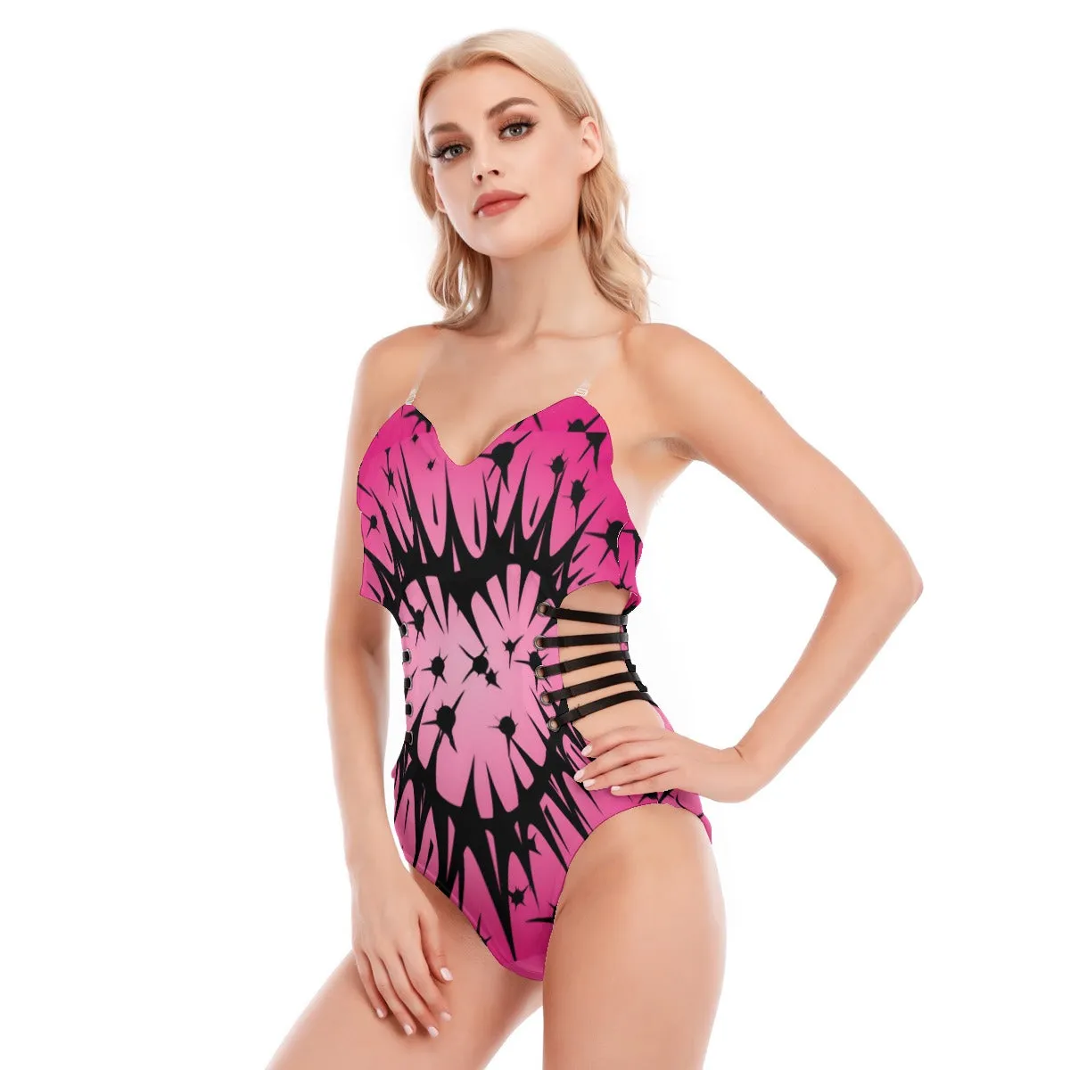 Pink And Black Tube Top Bodysuit With Side Black Straps