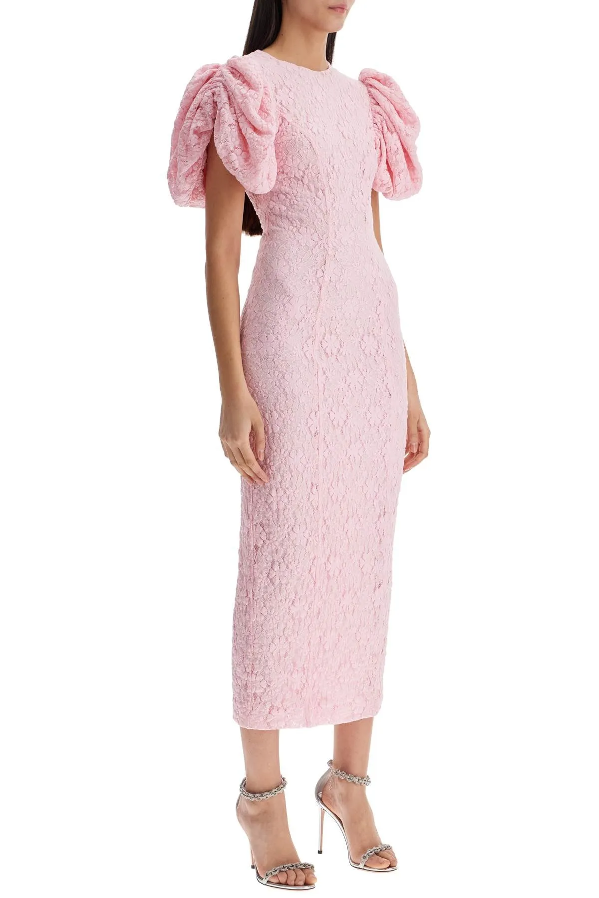 pink floral midi dress with puff sleeves in mixed materials 1141461011 FAIRY TALE
