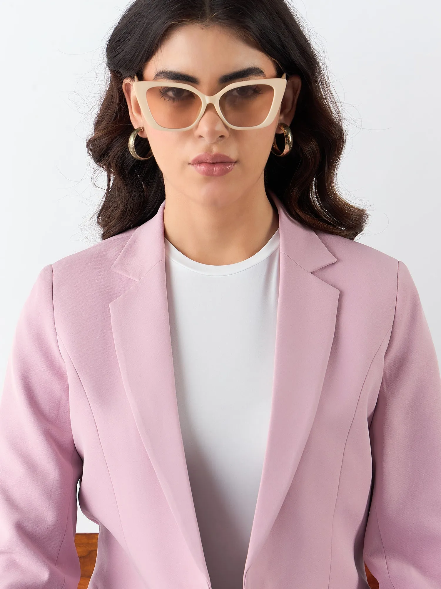 Pink Poly Viscose Notched Lapel Single Breasted Blazer