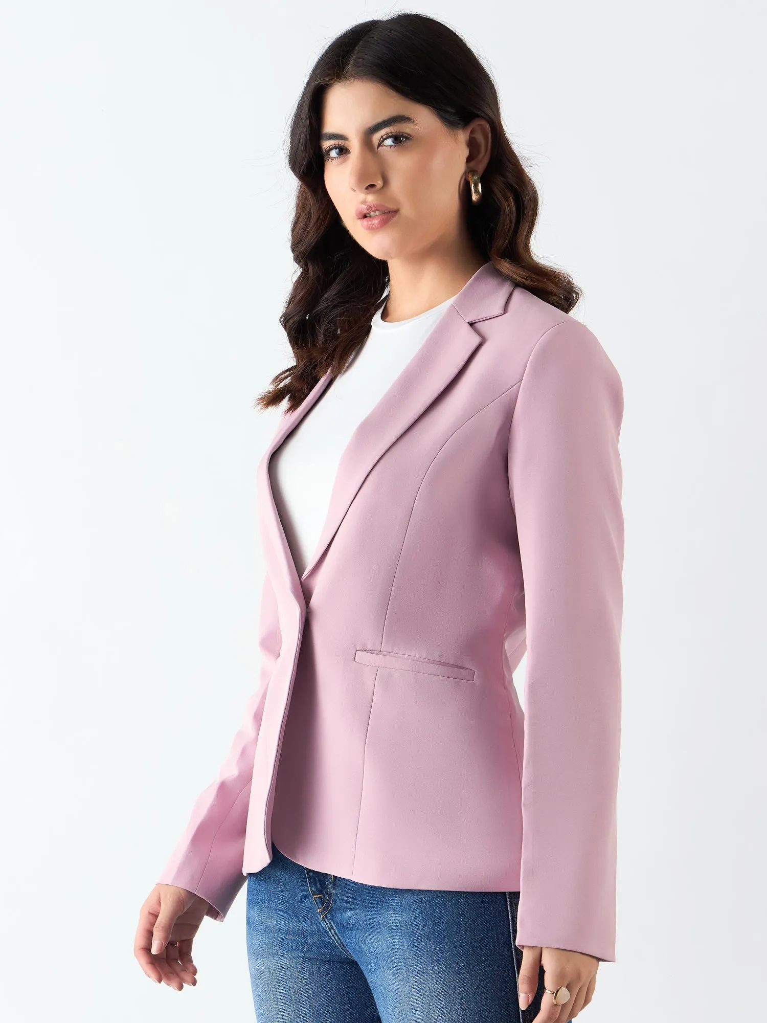 Pink Poly Viscose Notched Lapel Single Breasted Blazer