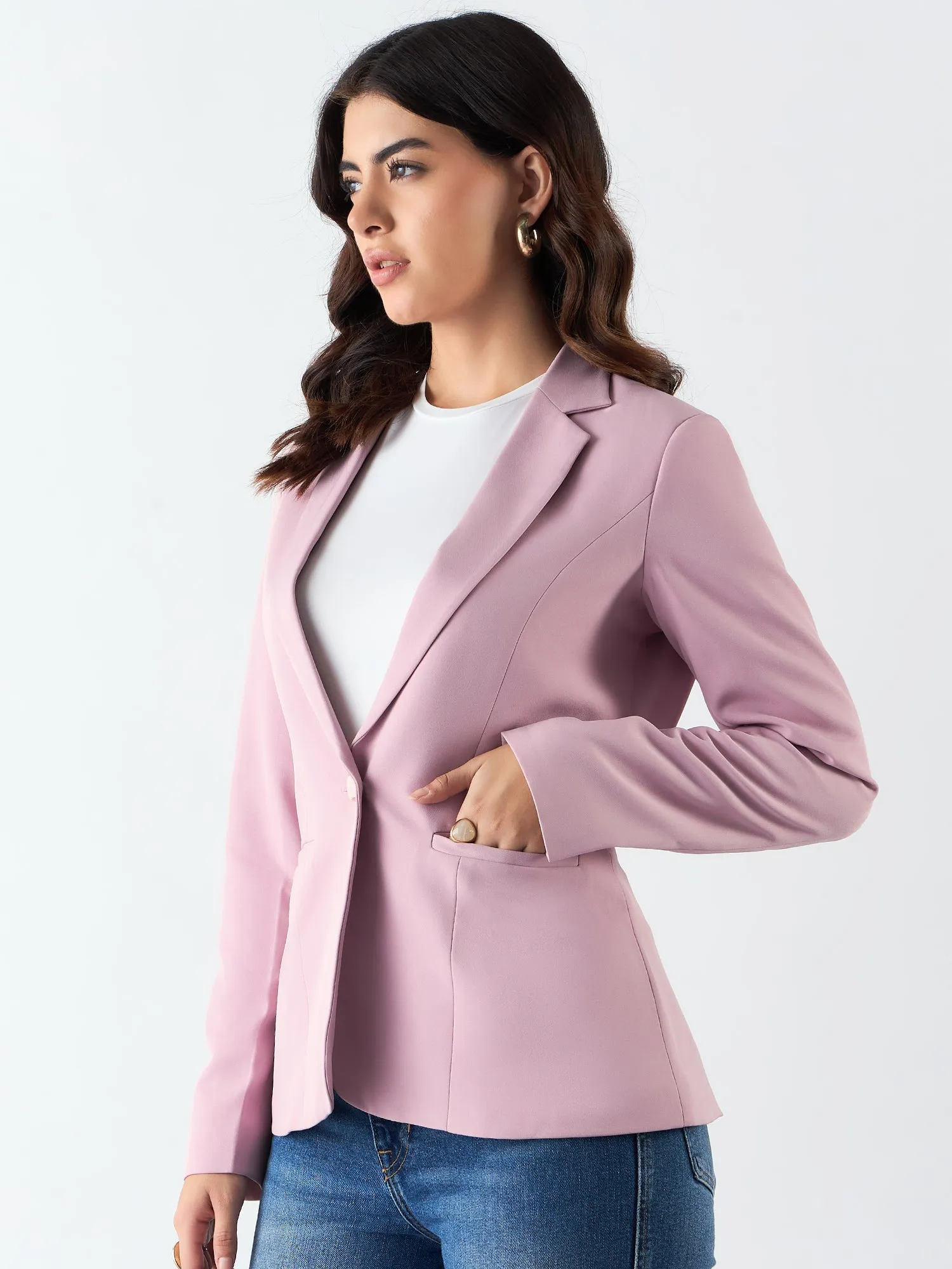 Pink Poly Viscose Notched Lapel Single Breasted Blazer