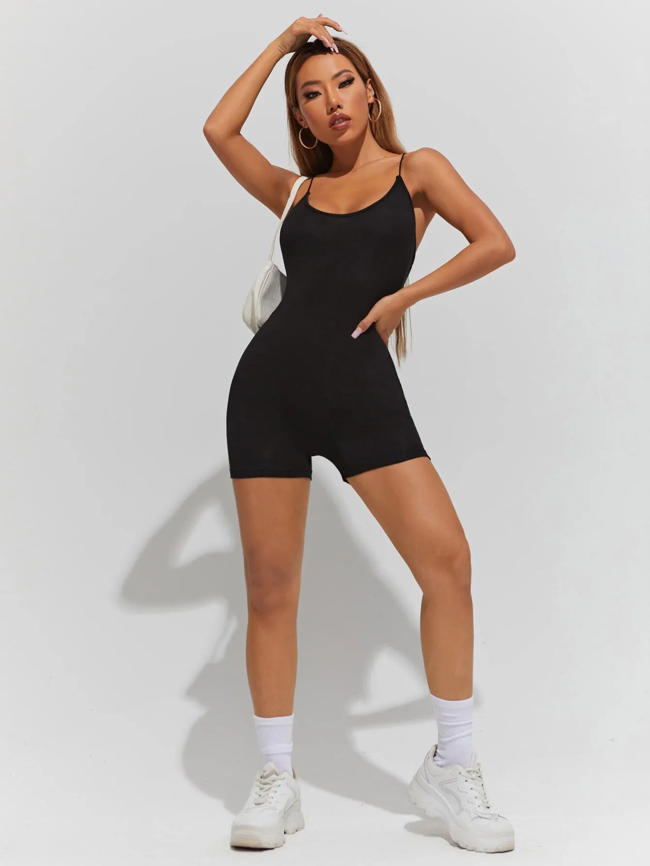 Plain Criss Cross Sleeveless Spaghetti Strap Short Women Unitards