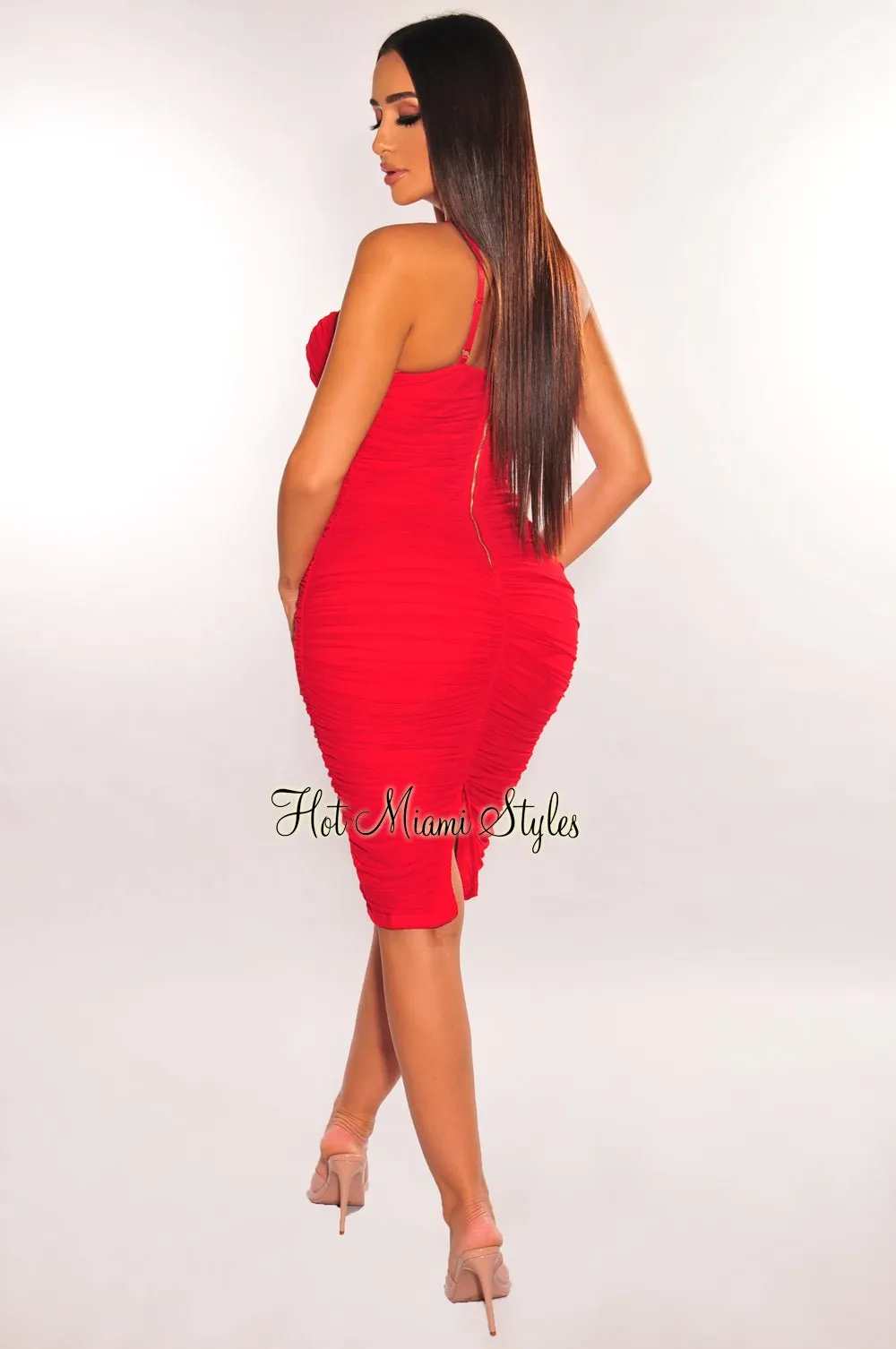 Red Mesh Spaghetti Straps Padded Ruched Dress