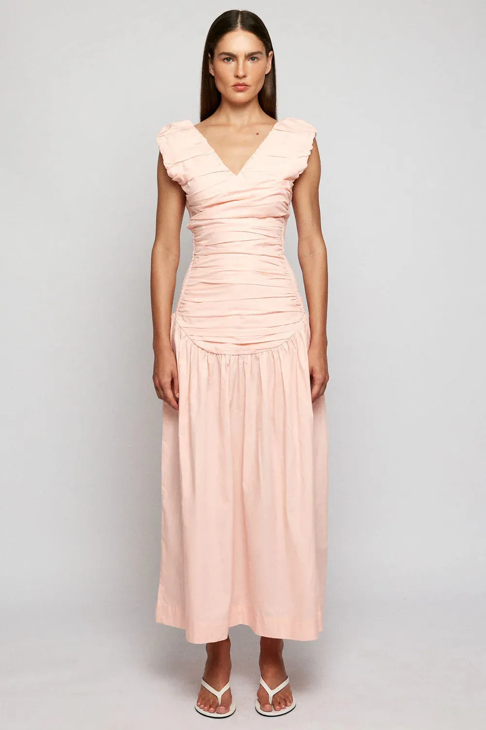 Ruched Low Hem Midi Dress | Primrose | Sustainable Cotton